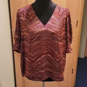Rachel Zoe print top ruched sleeves size med